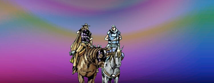 a decorate drawing of two men, sitting on horses. one is yelling